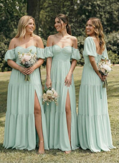 A-Line Sweetheart Detachable Sleeves Floor-Length Chiffon Bridesmaid Dresses With Split Front Bow Tiered