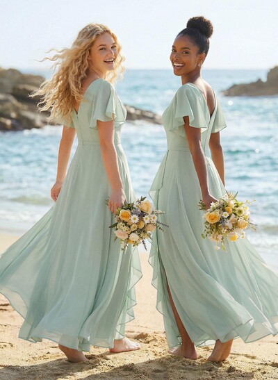 A-Line V-Neck Short Sleeves Floor-Length Chiffon Bridesmaid Dresses With Split Front Sweeping Side Drape