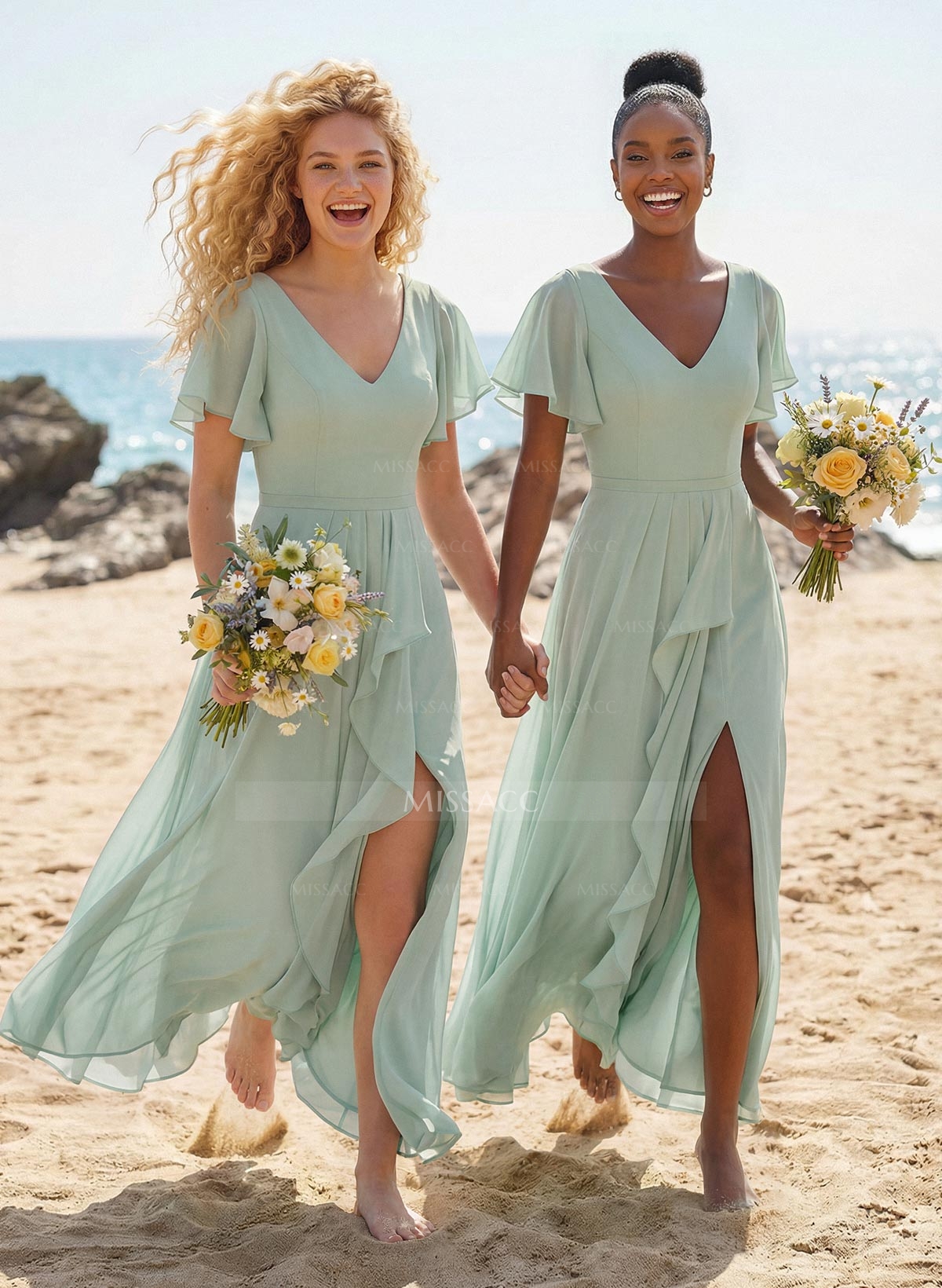 A-Line V-Neck Short Sleeves Floor-Length Chiffon Bridesmaid Dresses With Split Front Sweeping Side Drape
