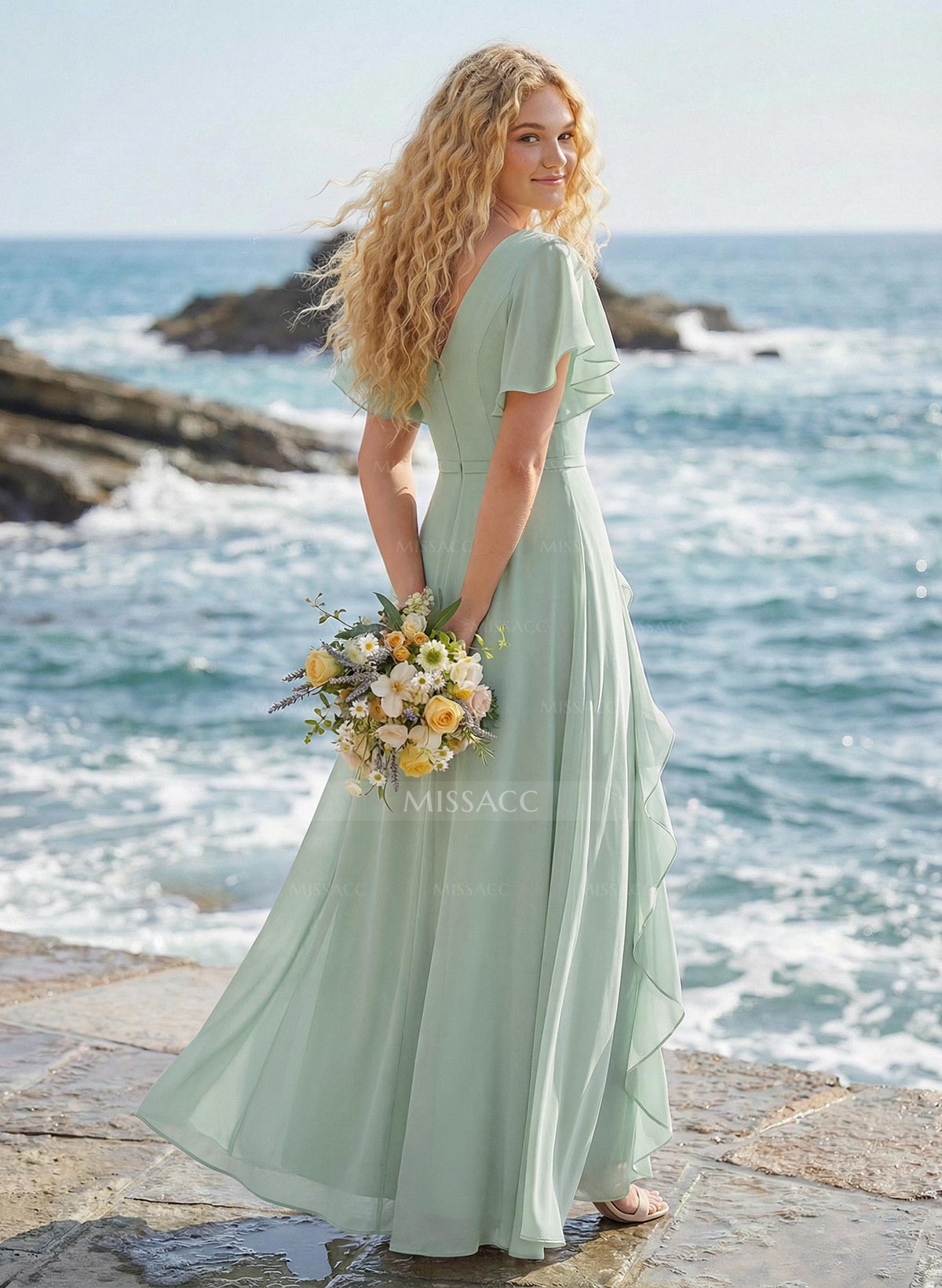 A-Line V-Neck Short Sleeves Floor-Length Chiffon Bridesmaid Dresses With Split Front Sweeping Side Drape