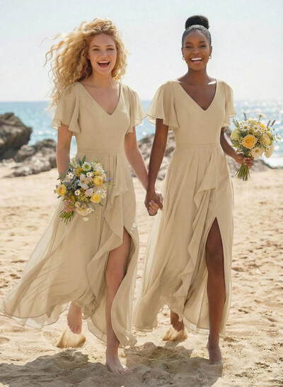 A-Line V-Neck Short Sleeves Floor-Length Chiffon Bridesmaid Dresses With Split Front Sweeping Side Drape