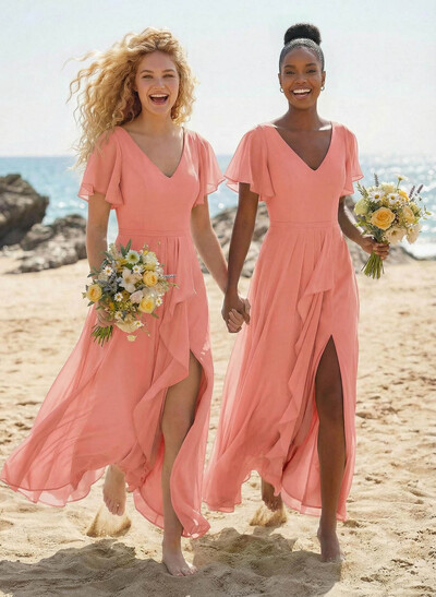 A-Line V-Neck Short Sleeves Floor-Length Chiffon Bridesmaid Dresses With Split Front Sweeping Side Drape