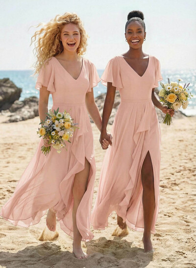 A-Line V-Neck Short Sleeves Floor-Length Chiffon Bridesmaid Dresses With Split Front Sweeping Side Drape