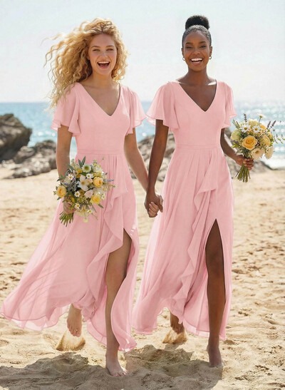 A-Line V-Neck Short Sleeves Floor-Length Chiffon Bridesmaid Dresses With Split Front Sweeping Side Drape