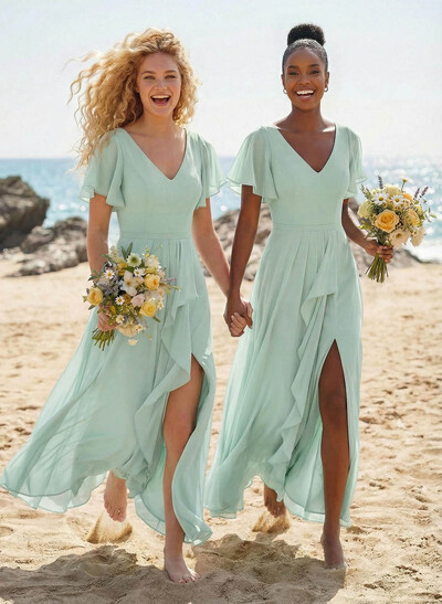 A-Line V-Neck Short Sleeves Floor-Length Chiffon Bridesmaid Dresses With Split Front Sweeping Side Drape