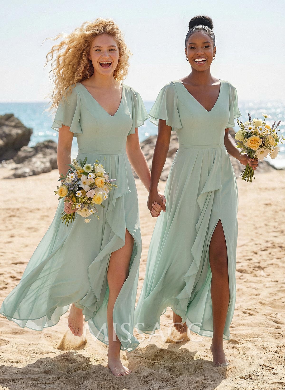 A-Line V-Neck Short Sleeves Floor-Length Chiffon Bridesmaid Dresses With Split Front Sweeping Side Drape A-Line V-Neck Short Sleeves Floor-Length Chiffon Bridesmaid Dresses With Split Front Sweeping Side Drape