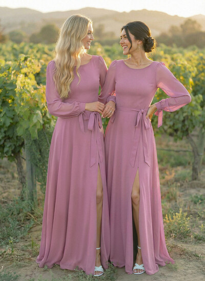 A-Line Scoop Neck Long Sleeves Floor-Length Chiffon Bridesmaid Dresses With Split Front Sash Bubble Hem
