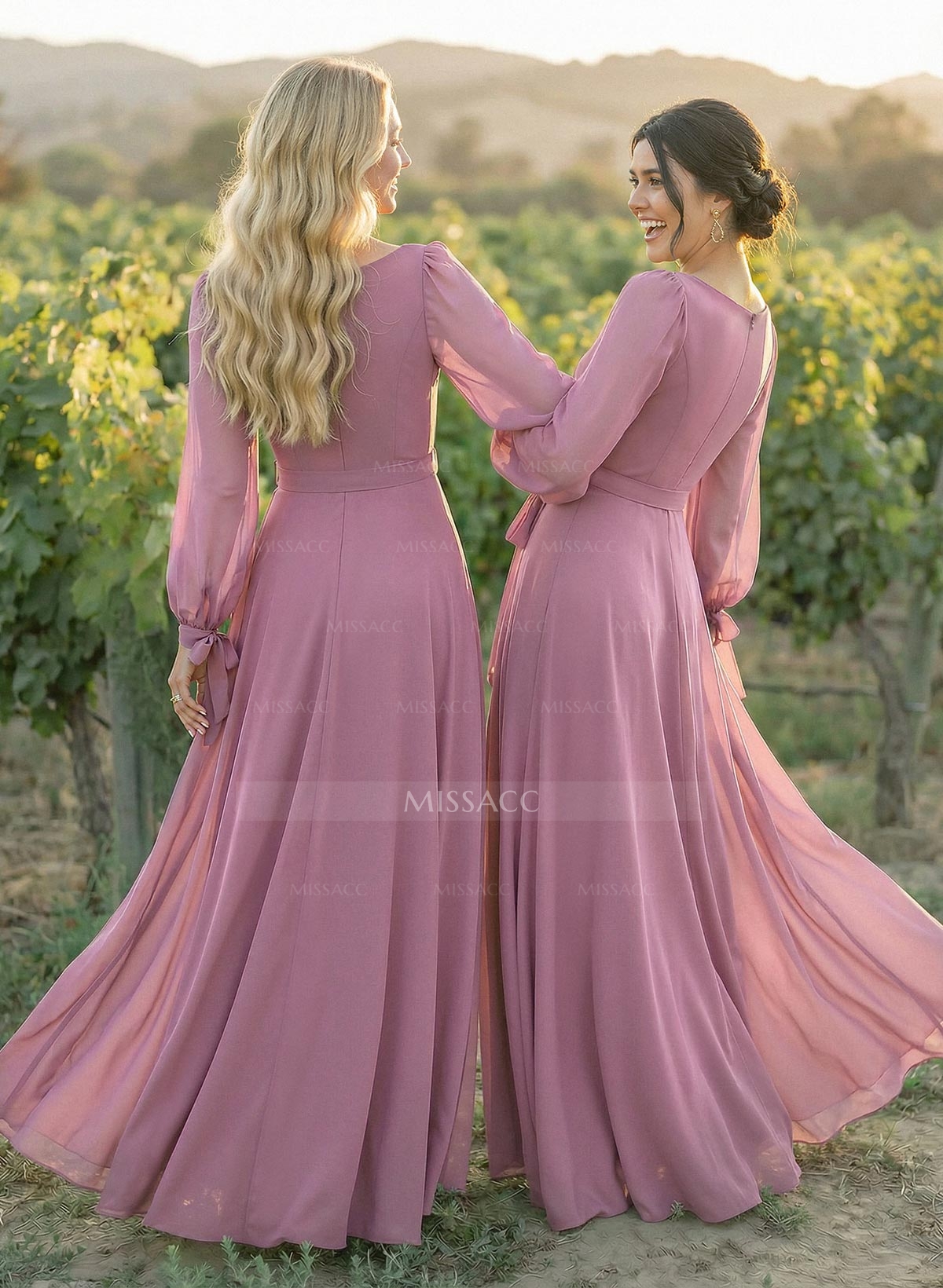 A-Line Scoop Neck Long Sleeves Floor-Length Chiffon Bridesmaid Dresses With Split Front Sash Bubble Hem