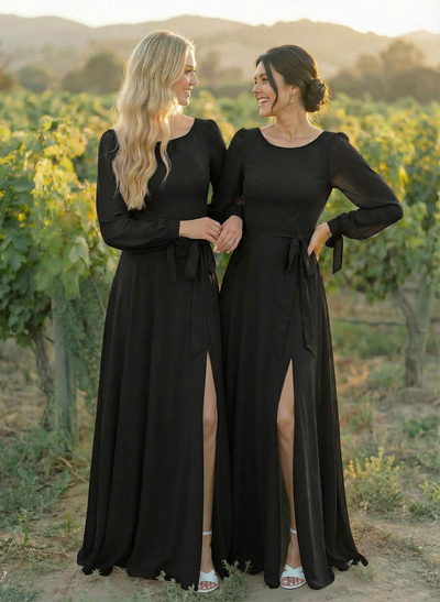 A-Line Scoop Neck Long Sleeves Floor-Length Chiffon Bridesmaid Dresses With Split Front Sash Bubble Hem