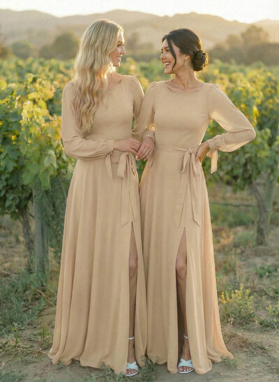 A-Line Scoop Neck Long Sleeves Floor-Length Chiffon Bridesmaid Dresses With Split Front Sash Bubble Hem