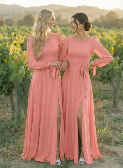 A-Line Scoop Neck Long Sleeves Floor-Length Chiffon Bridesmaid Dresses With Split Front Sash Bubble Hem