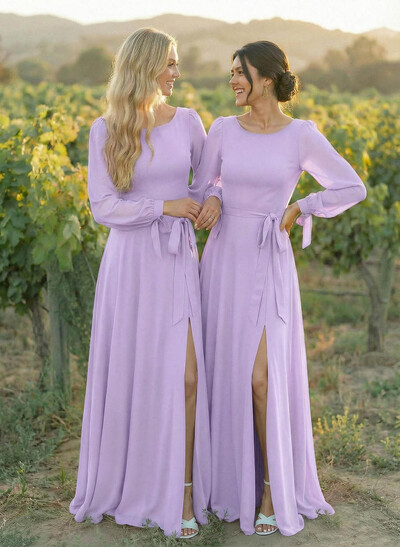 A-Line Scoop Neck Long Sleeves Floor-Length Chiffon Bridesmaid Dresses With Split Front Sash Bubble Hem