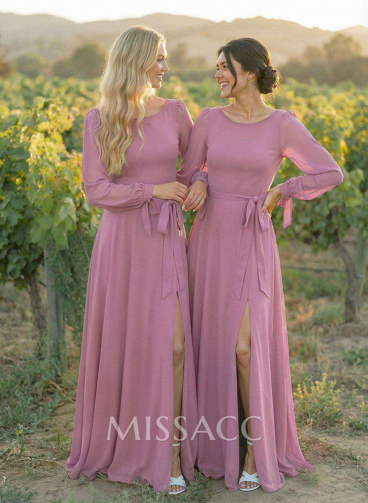 A-Line Scoop Neck Long Sleeves Floor-Length Chiffon Bridesmaid Dresses With Split Front Sash Bubble Hem A-Line Scoop Neck Long Sleeves Floor-Length Chiffon Bridesmaid Dresses With Split Front Sash Bubble Hem