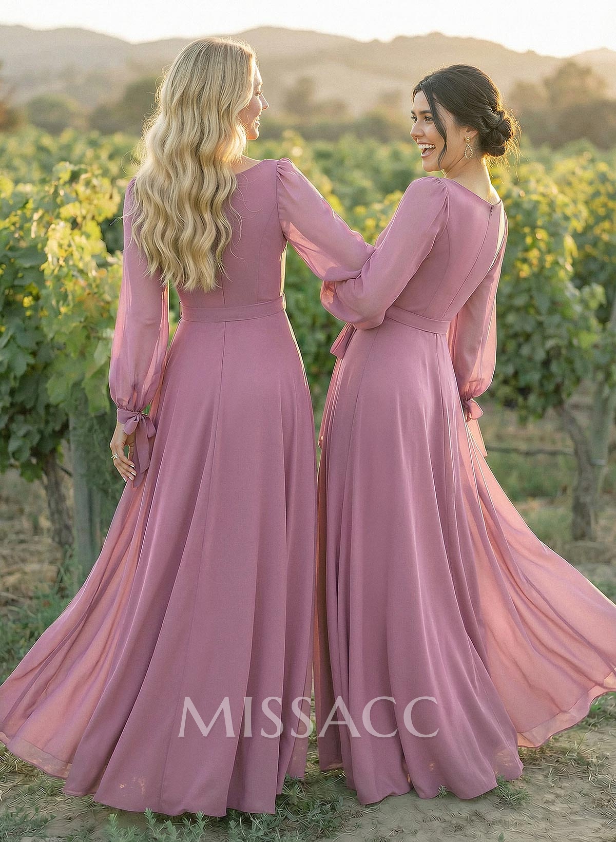 A-Line Scoop Neck Long Sleeves Floor-Length Chiffon Bridesmaid Dresses With Split Front Sash Bubble Hem A-Line Scoop Neck Long Sleeves Floor-Length Chiffon Bridesmaid Dresses With Split Front Sash Bubble Hem