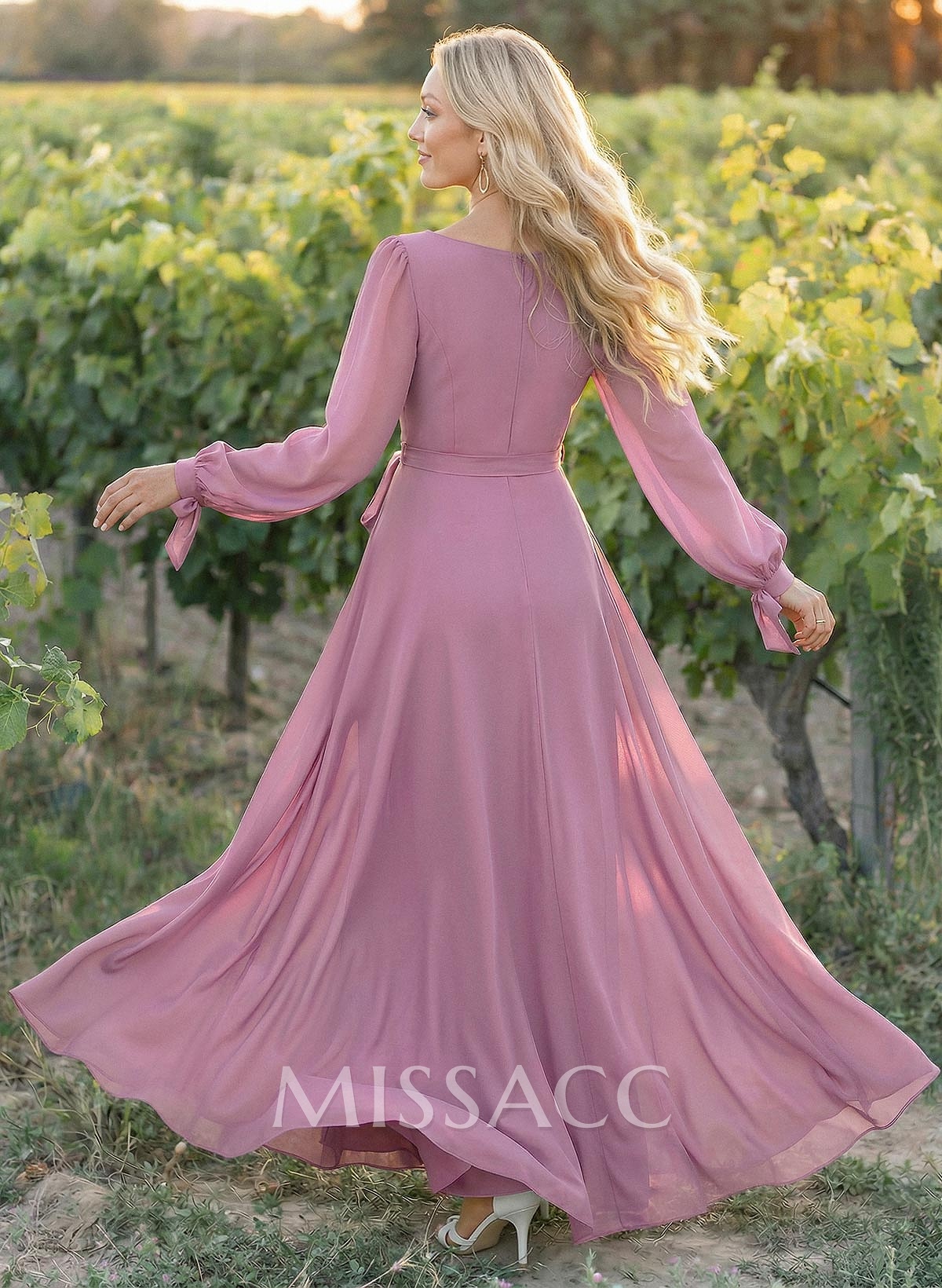 A-Line Scoop Neck Long Sleeves Floor-Length Chiffon Bridesmaid Dresses With Split Front Sash Bubble Hem A-Line Scoop Neck Long Sleeves Floor-Length Chiffon Bridesmaid Dresses With Split Front Sash Bubble Hem