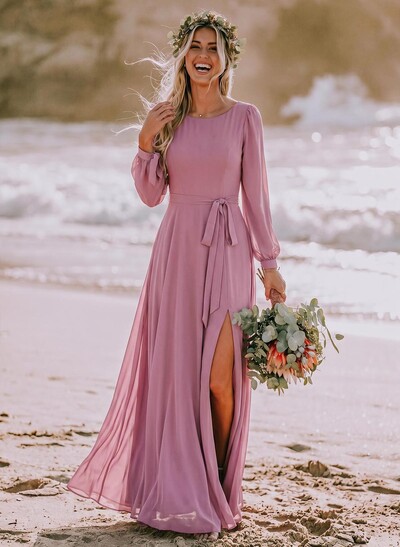 A-Line Scoop Neck Long Sleeves Floor-Length Chiffon Bridesmaid Dresses With Split Front Sash Bubble Hem