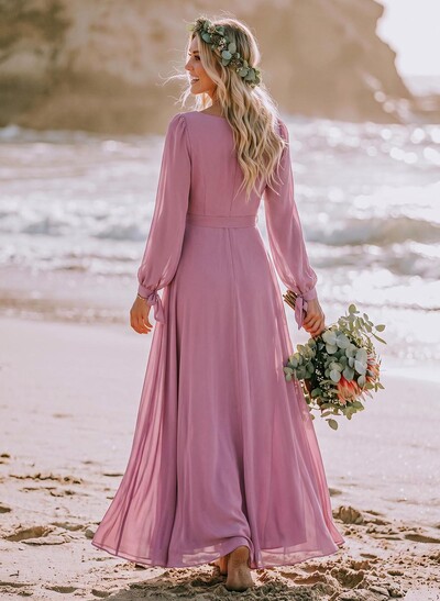 A-Line Scoop Neck Long Sleeves Floor-Length Chiffon Bridesmaid Dresses With Split Front Sash Bubble Hem