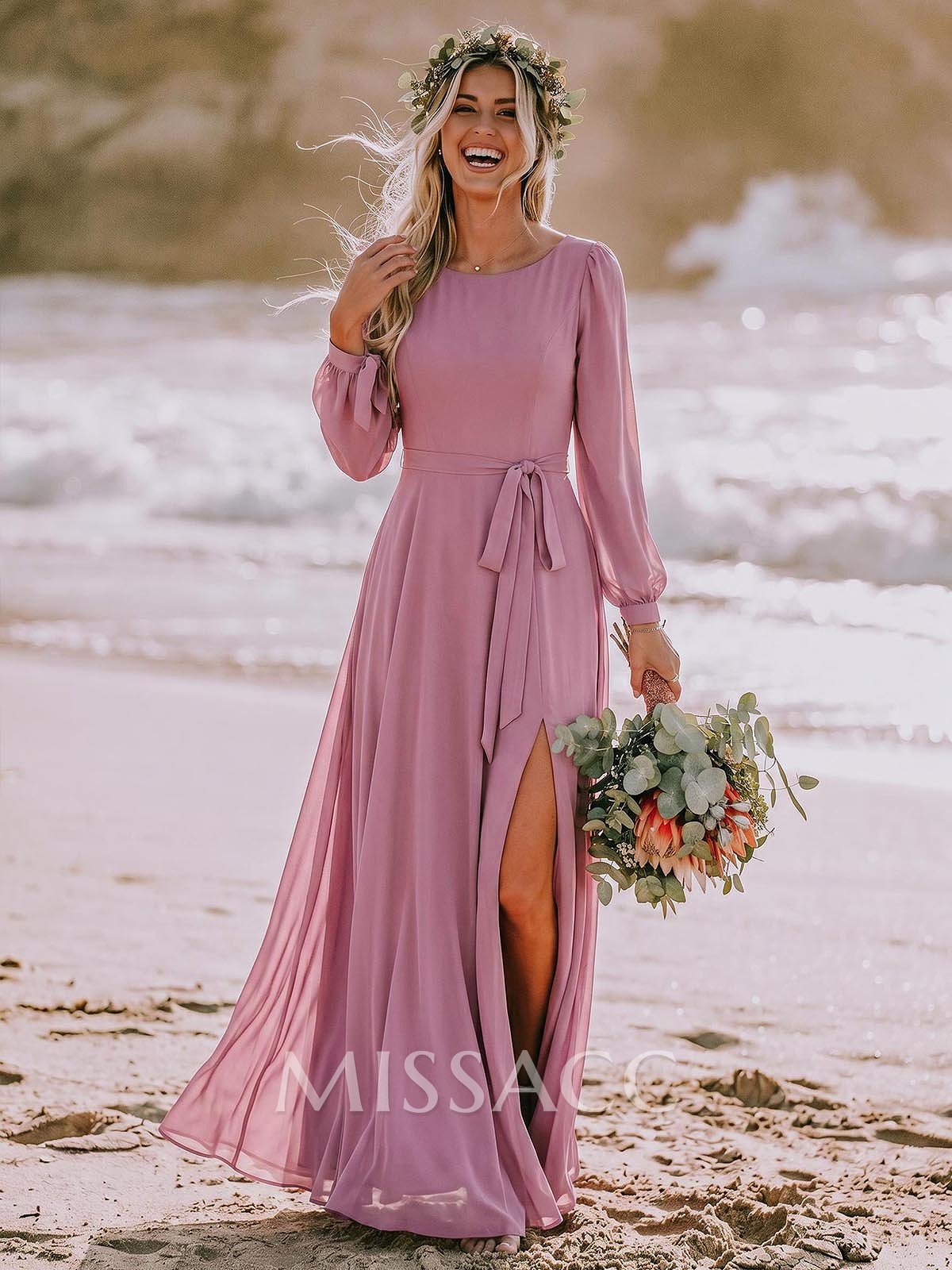 A-Line Scoop Neck Long Sleeves Floor-Length Chiffon Bridesmaid Dresses With Split Front Sash Bubble Hem A-Line Scoop Neck Long Sleeves Floor-Length Chiffon Bridesmaid Dresses With Split Front Sash Bubble Hem