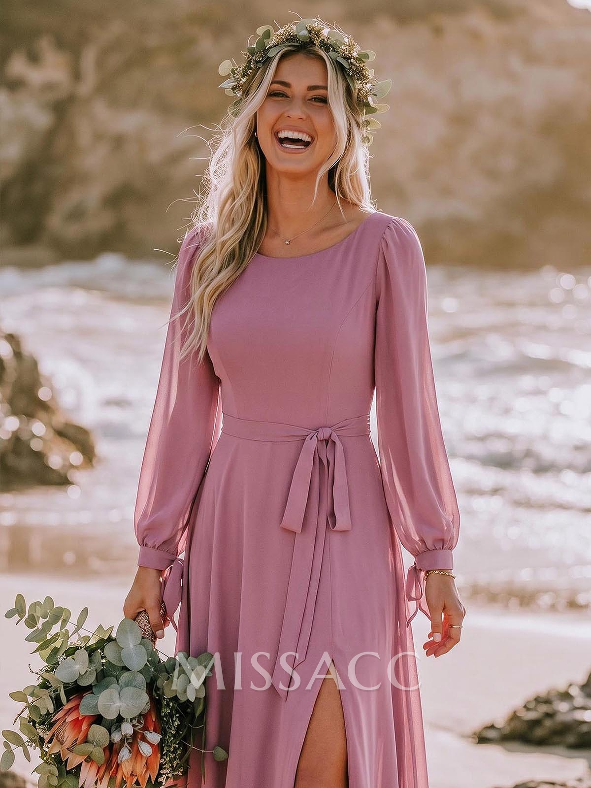 A-Line Scoop Neck Long Sleeves Floor-Length Chiffon Bridesmaid Dresses With Split Front Sash Bubble Hem A-Line Scoop Neck Long Sleeves Floor-Length Chiffon Bridesmaid Dresses With Split Front Sash Bubble Hem