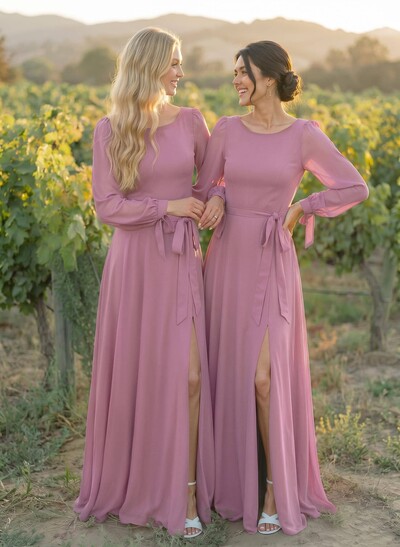 A-Line Scoop Neck Long Sleeves Floor-Length Chiffon Bridesmaid Dresses With Split Front Sash Bubble Hem