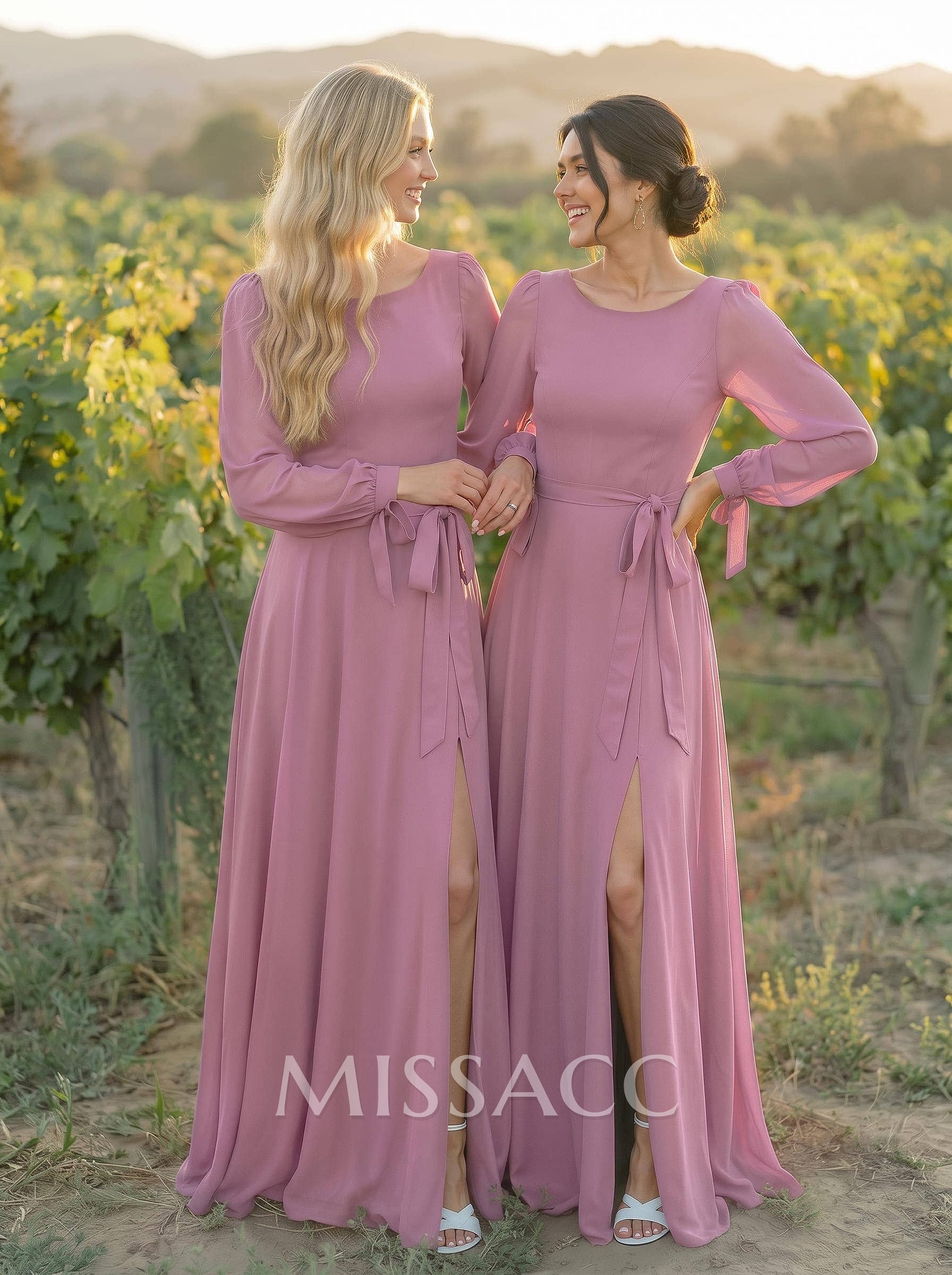 A-Line Scoop Neck Long Sleeves Floor-Length Chiffon Bridesmaid Dresses With Split Front Sash Bubble Hem