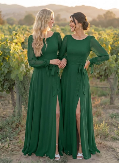 A-Line Scoop Neck Long Sleeves Floor-Length Chiffon Bridesmaid Dresses With Split Front Sash Bubble Hem