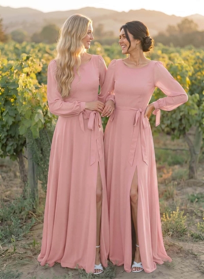 A-Line Scoop Neck Long Sleeves Floor-Length Chiffon Bridesmaid Dresses With Split Front Sash Bubble Hem