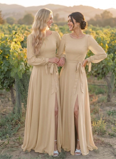 A-Line Scoop Neck Long Sleeves Floor-Length Chiffon Bridesmaid Dresses With Split Front Sash Bubble Hem