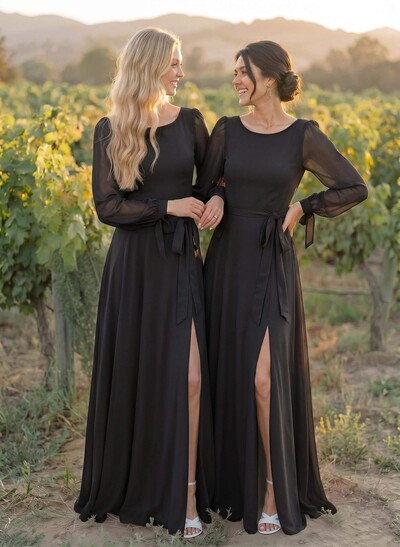 A-Line Scoop Neck Long Sleeves Floor-Length Chiffon Bridesmaid Dresses With Split Front Sash Bubble Hem