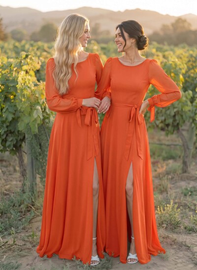 A-Line Scoop Neck Long Sleeves Floor-Length Chiffon Bridesmaid Dresses With Split Front Sash Bubble Hem