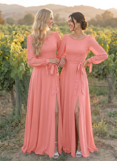 A-Line Scoop Neck Long Sleeves Floor-Length Chiffon Bridesmaid Dresses With Split Front Sash Bubble Hem