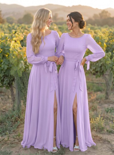 A-Line Scoop Neck Long Sleeves Floor-Length Chiffon Bridesmaid Dresses With Split Front Sash Bubble Hem