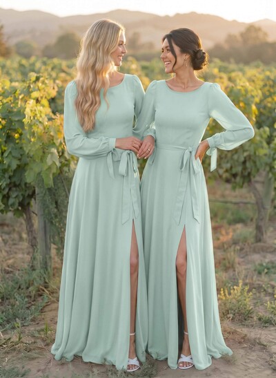 A-Line Scoop Neck Long Sleeves Floor-Length Chiffon Bridesmaid Dresses With Split Front Sash Bubble Hem