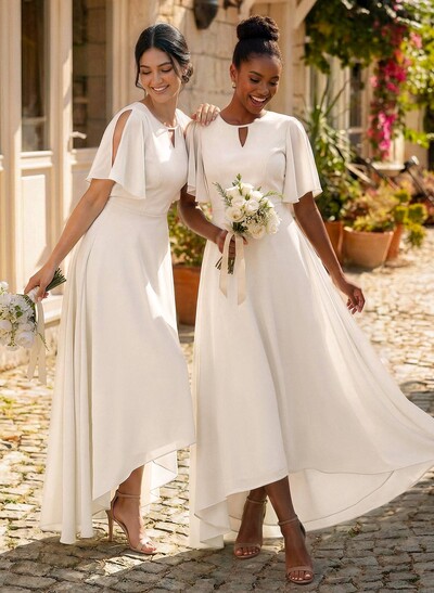 A-Line Scoop Neck Short Sleeves Asymmetrical Chiffon Bridesmaid Dresses With