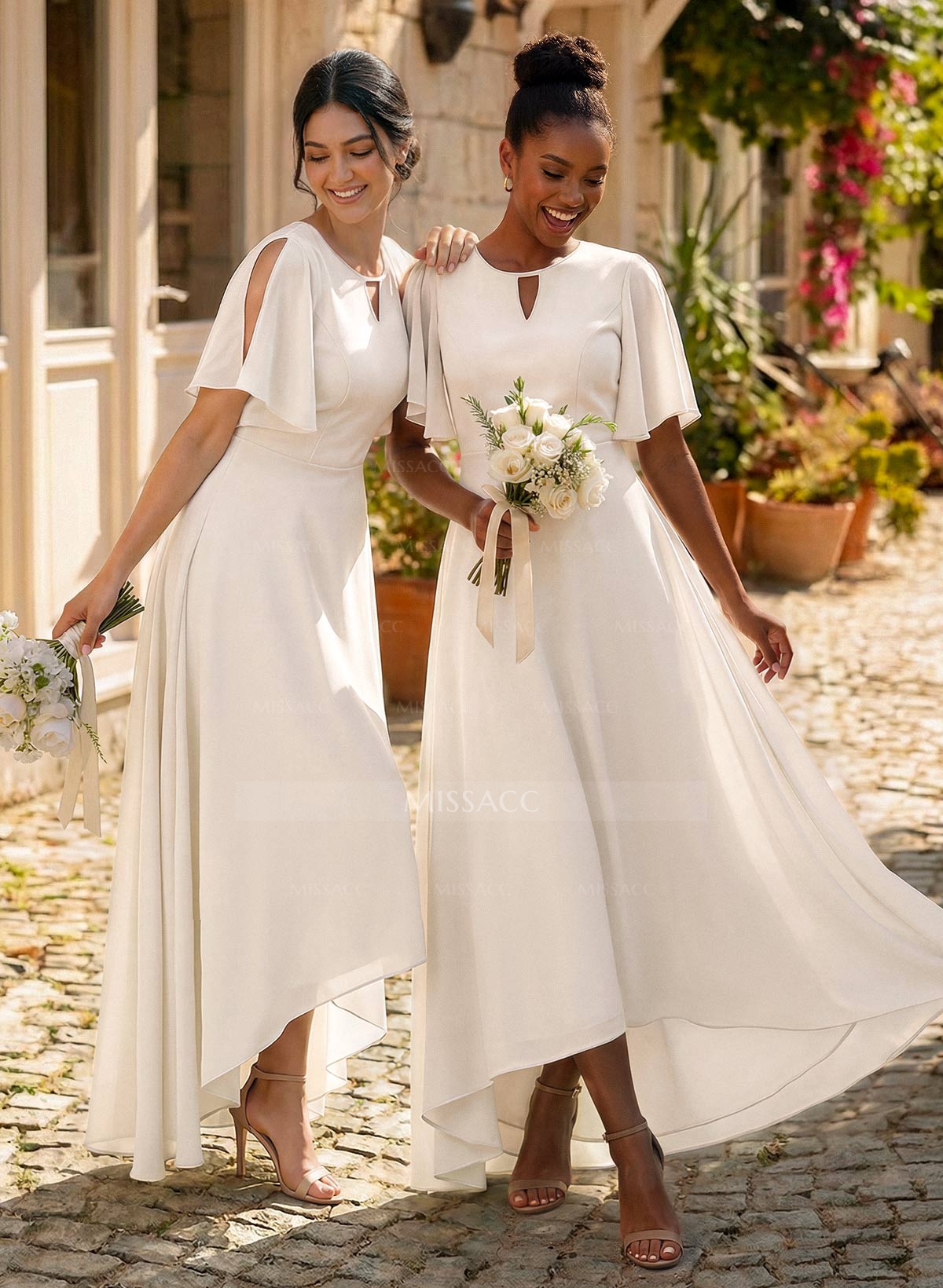 A-Line Scoop Neck Short Sleeves Asymmetrical Chiffon Bridesmaid Dresses With