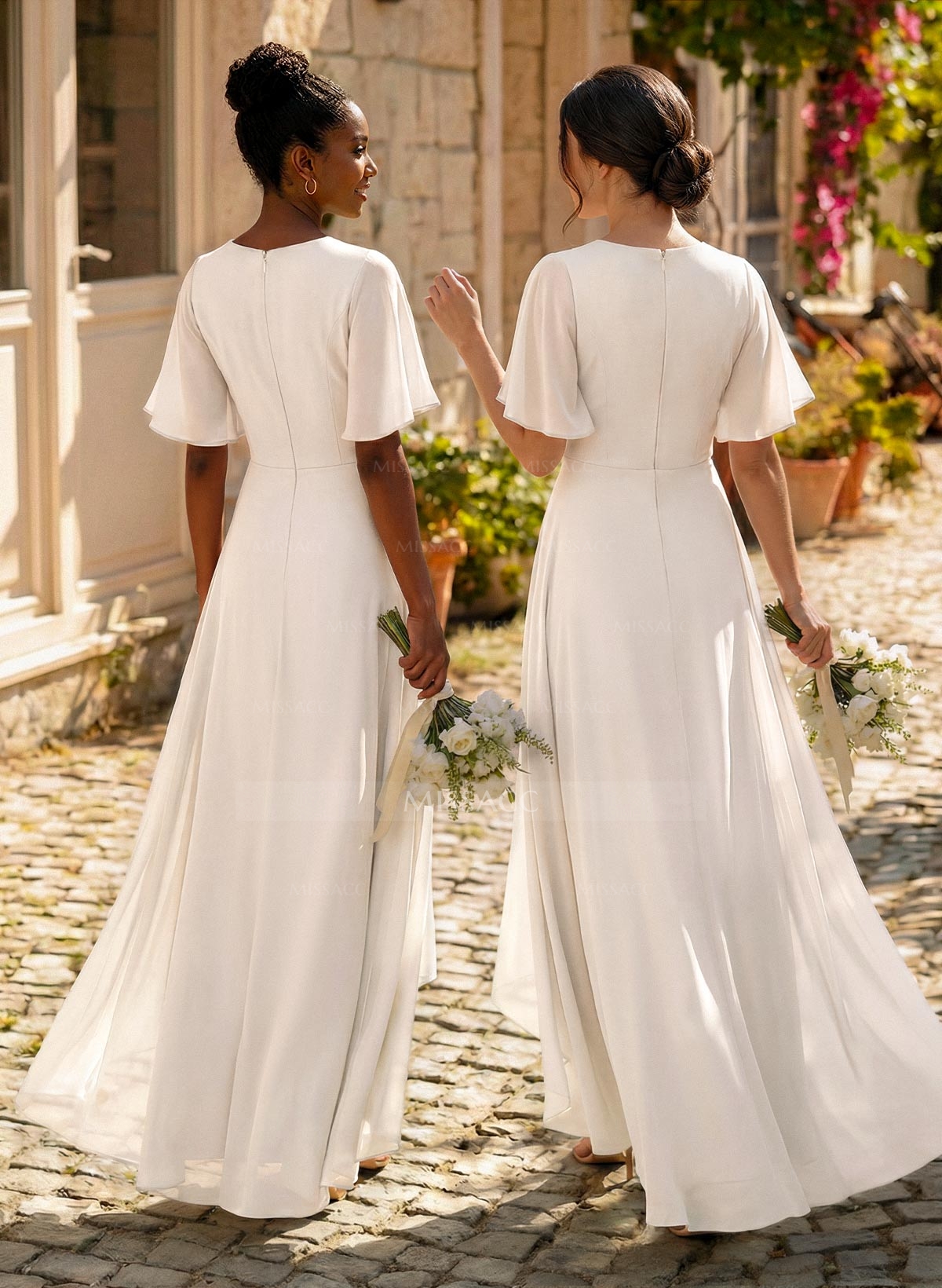 A-Line Scoop Neck Short Sleeves Asymmetrical Chiffon Bridesmaid Dresses With