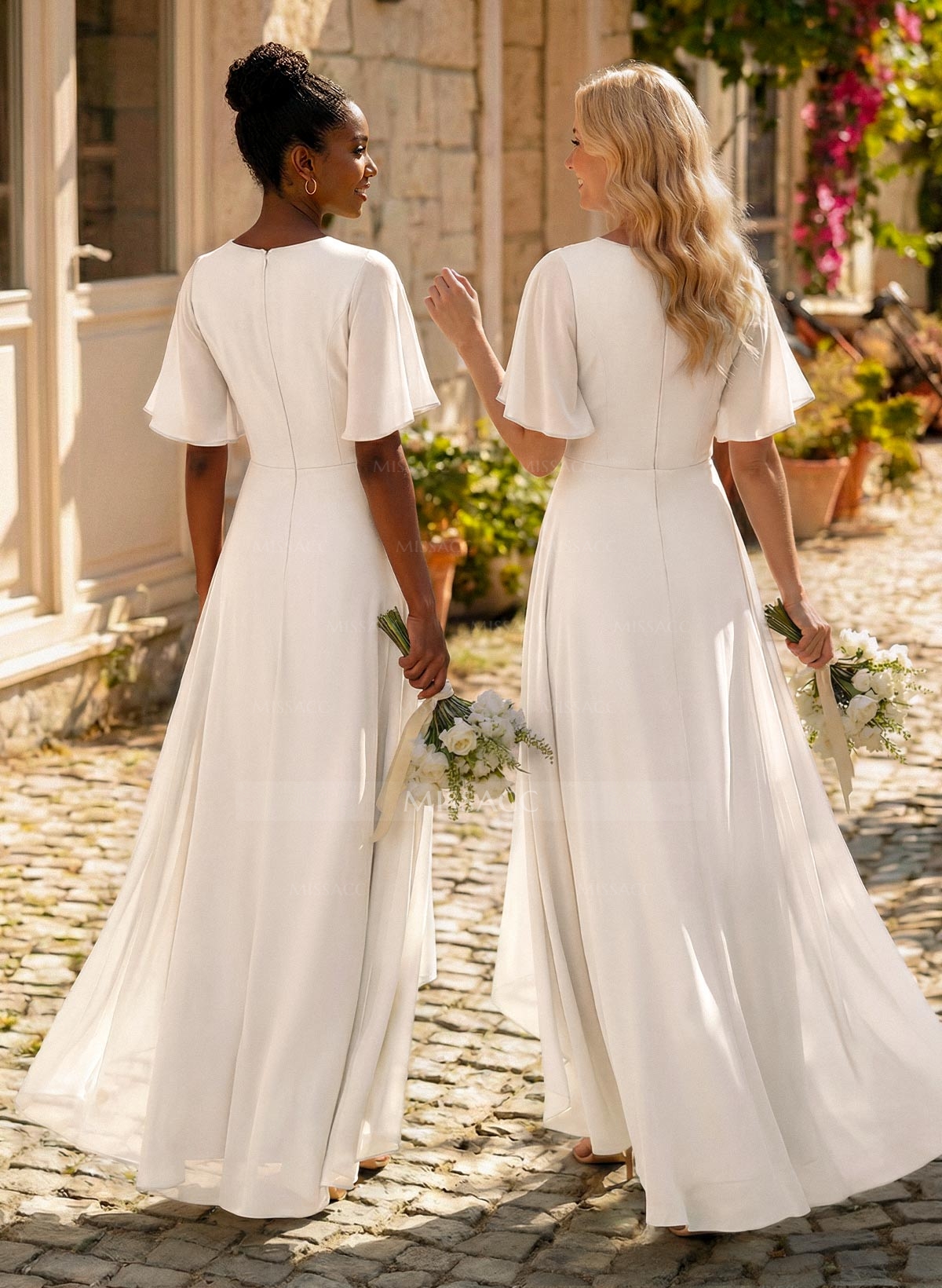 A-Line Scoop Neck Short Sleeves Asymmetrical Chiffon Bridesmaid Dresses With