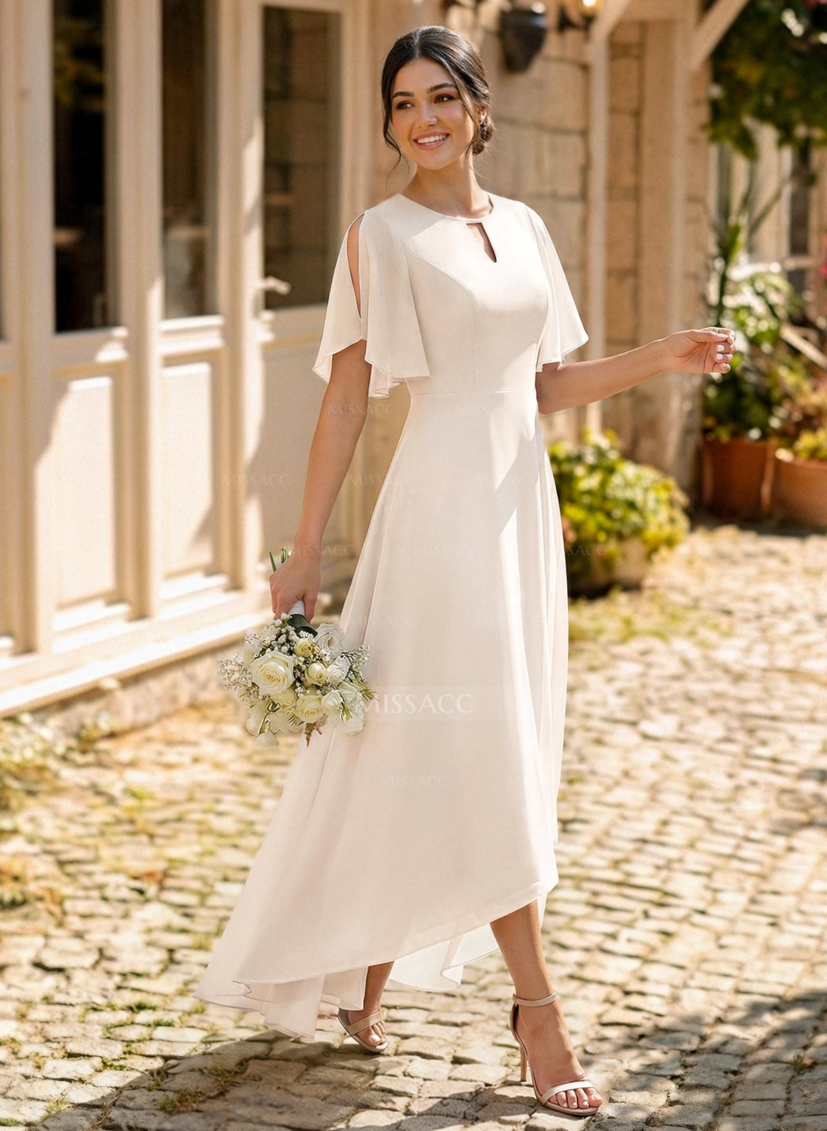 A-Line Scoop Neck Short Sleeves Asymmetrical Chiffon Bridesmaid Dresses With