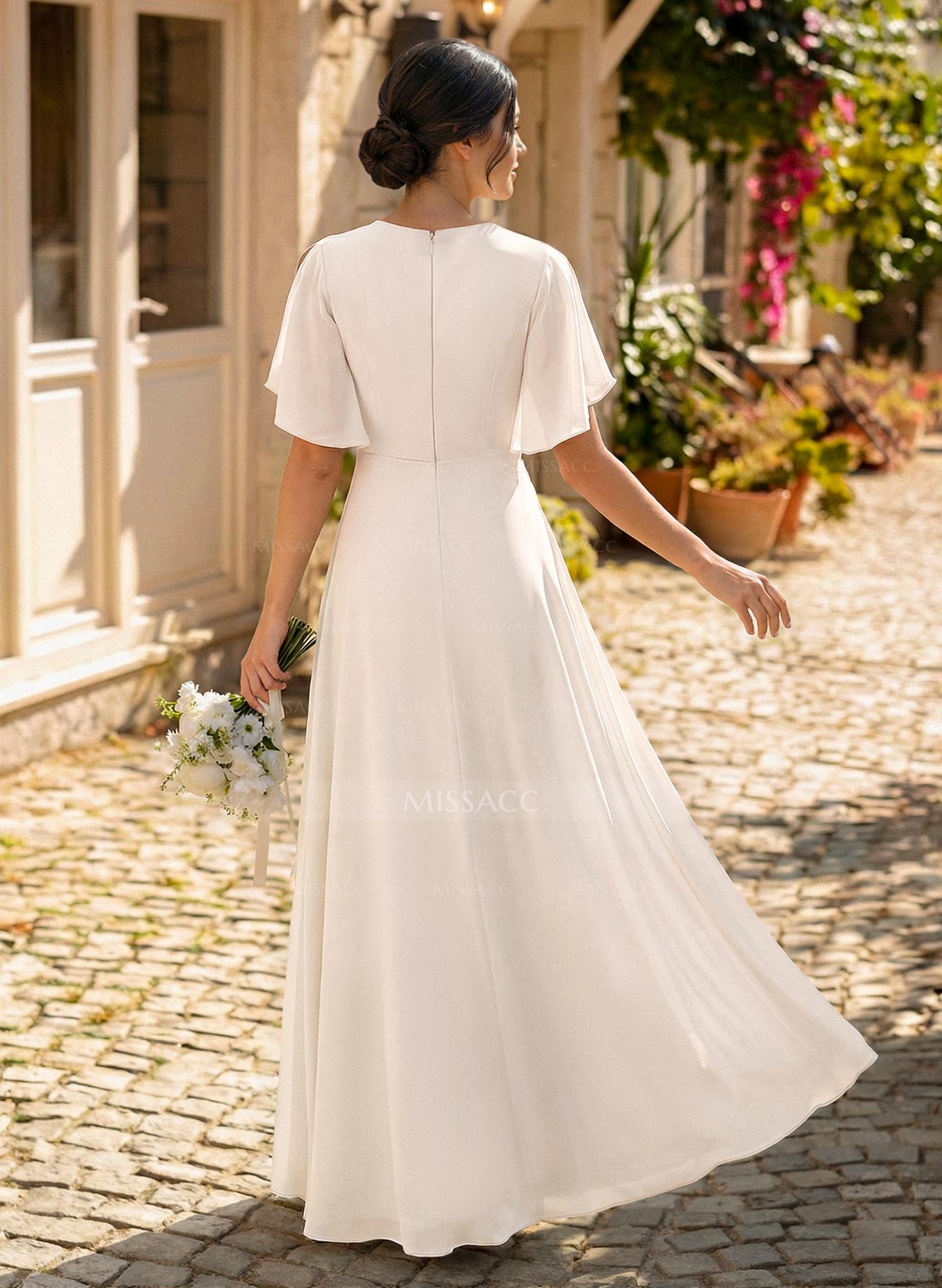 A-Line Scoop Neck Short Sleeves Asymmetrical Chiffon Bridesmaid Dresses With