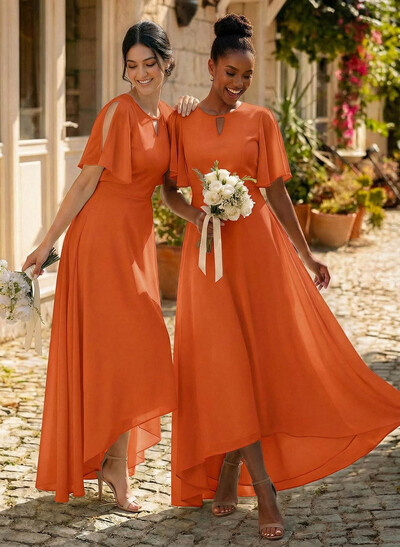 A-Line Scoop Neck Short Sleeves Asymmetrical Chiffon Bridesmaid Dresses With