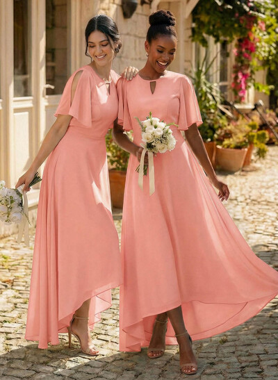 A-Line Scoop Neck Short Sleeves Asymmetrical Chiffon Bridesmaid Dresses With