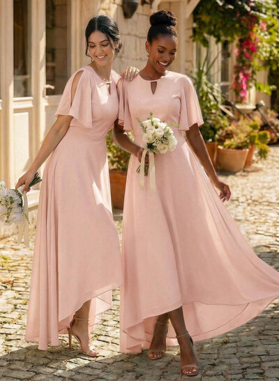 A-Line Scoop Neck Short Sleeves Asymmetrical Chiffon Bridesmaid Dresses With