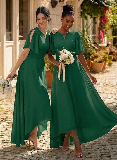 A-Line Scoop Neck Short Sleeves Asymmetrical Chiffon Bridesmaid Dresses With
