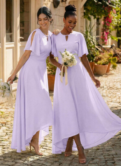 A-Line Scoop Neck Short Sleeves Asymmetrical Chiffon Bridesmaid Dresses With