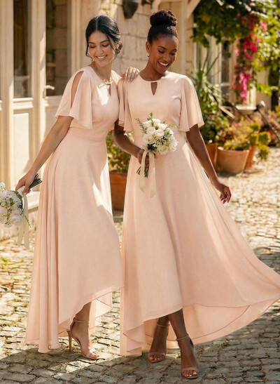 A-Line Scoop Neck Short Sleeves Asymmetrical Chiffon Bridesmaid Dresses With