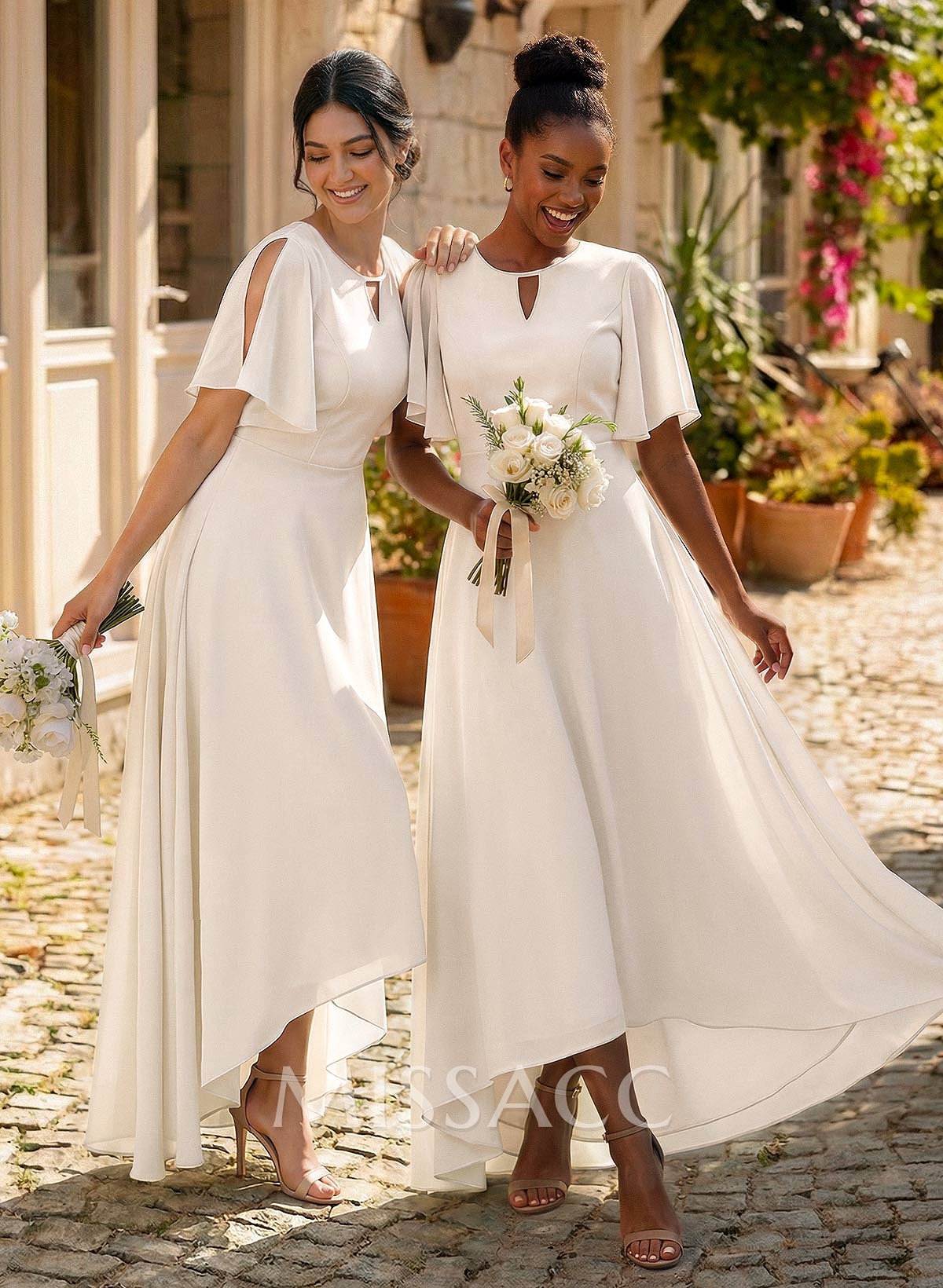 A-Line Scoop Neck Short Sleeves Asymmetrical Chiffon Bridesmaid Dresses With A-Line Scoop Neck Short Sleeves Asymmetrical Chiffon Bridesmaid Dresses With