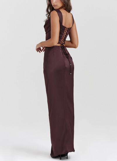 Sheath/Column Square Neckline Sleeveless Floor-Length Stretch Satin Cocktail Dresses With High Split