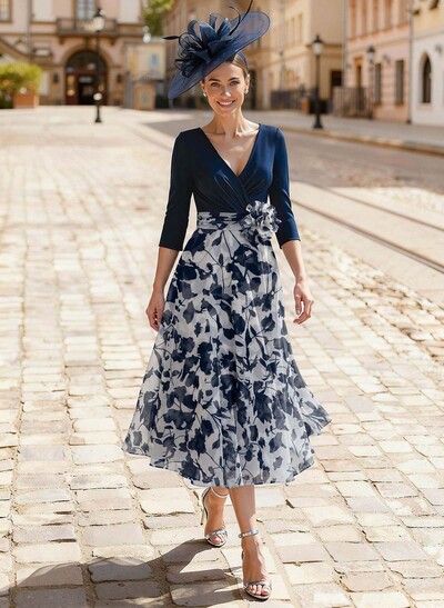 A-Line V-Neck 3/4 Sleeves Tea-Length Stretch Chiffon Cocktail Dresses With Flower(s)