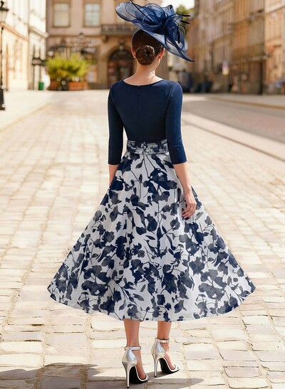 A-Line V-Neck 3/4 Sleeves Tea-Length Stretch Chiffon Cocktail Dresses With Flower(s)