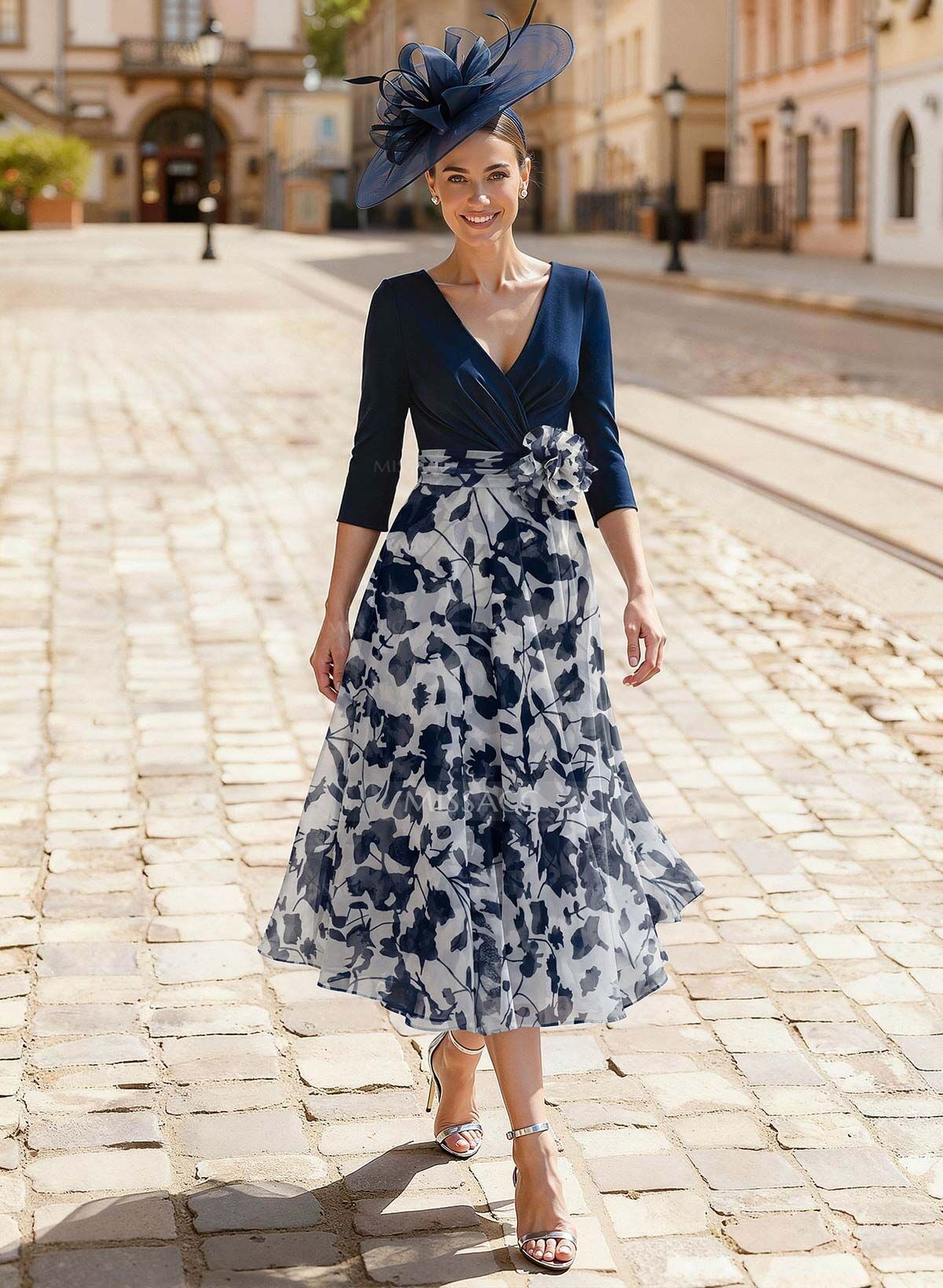 A-Line V-Neck 3/4 Sleeves Tea-Length Stretch Chiffon Cocktail Dresses With Flower(s)